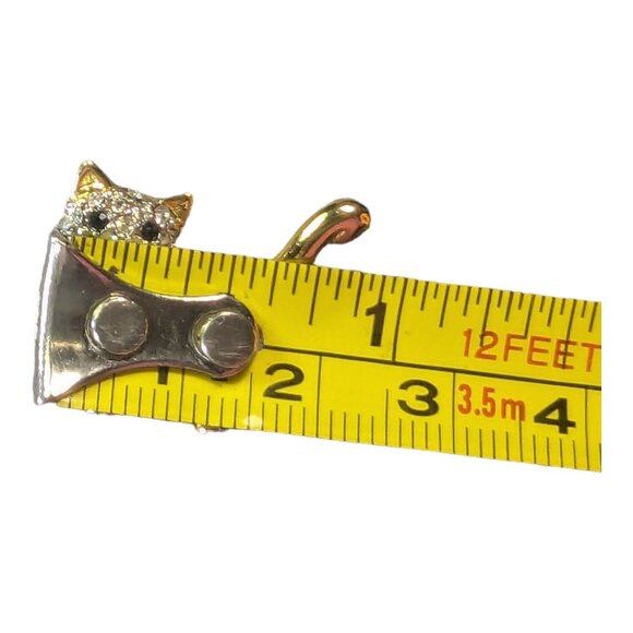 Cat Kitty Brooch Pin Clear Pave Rhinestones Black Eyes Gold Tone .75 inches - Picture 3 of 4